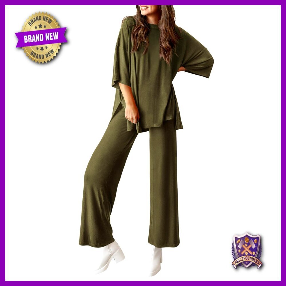 Two Piece Lounge Set Wide Leg Pants Crewneck Top Comfortable Knit Matching